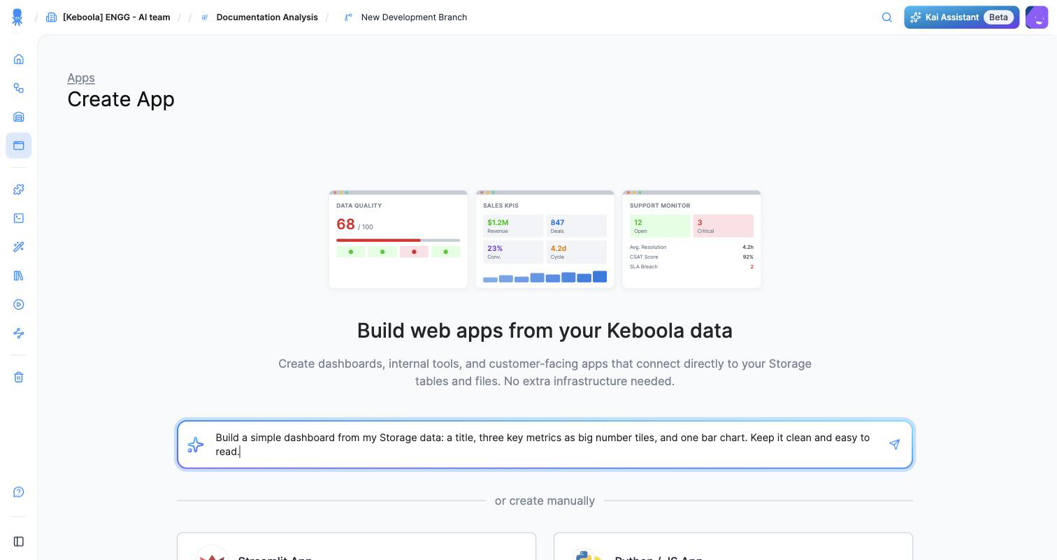 The Create App screen: a "Describe what you want to build" prompt with manual Streamlit and Python/JS options below