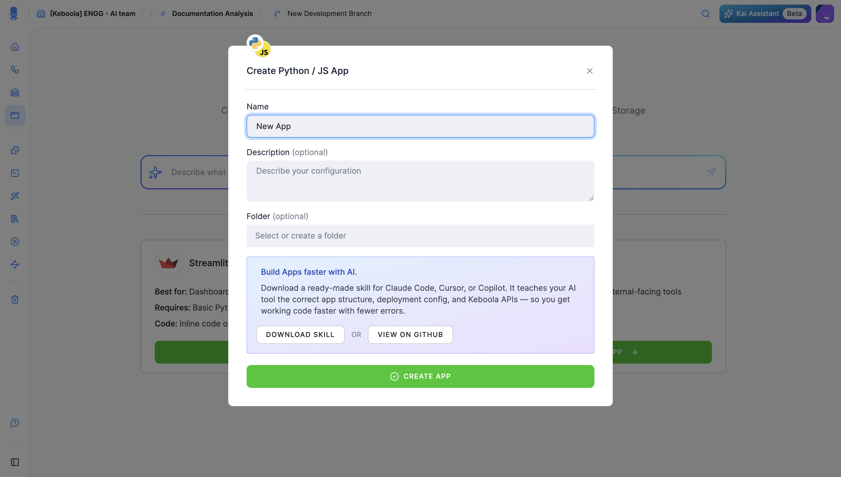The Create Python / JS App dialog, with a "Build Apps faster with AI" panel offering Download Skill and View on GitHub