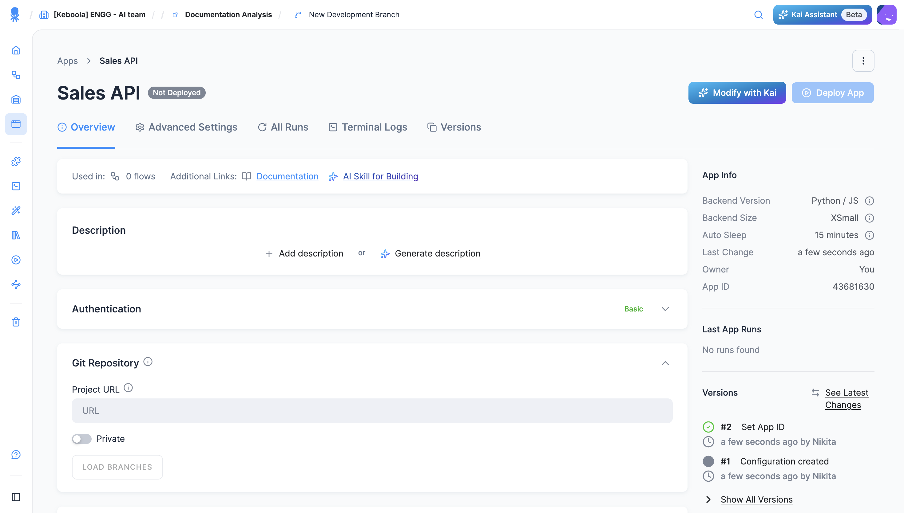 The Python/JS app configuration page: Authentication, a Git Repository section with Project URL and Load Branches, and the App Info panel showing the Python / JS backend
